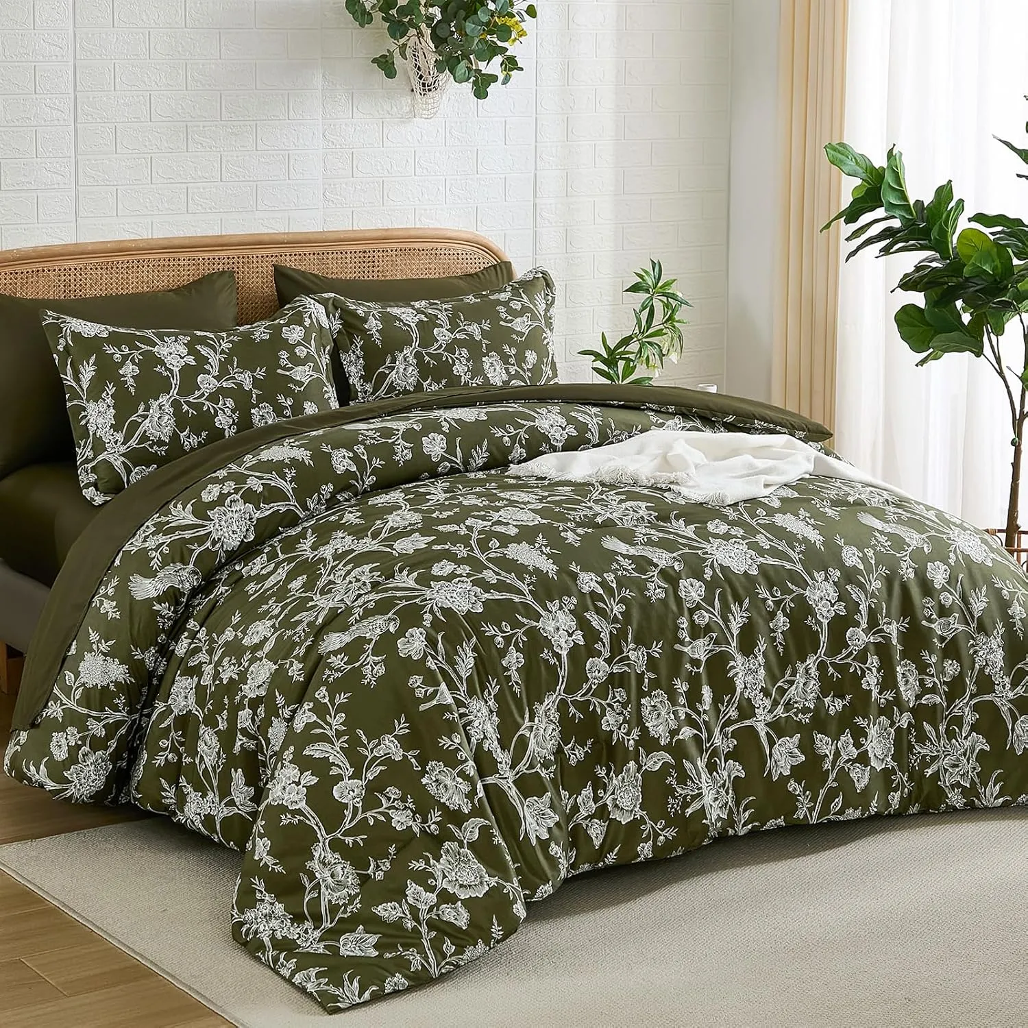 Luxudecor Floral Queen Comforter Set 7 Pieces, Olive Green Bed in a Bag, Flower and Bird Bedding Set, Soft Reversible Comforter with Sheet Set 90"x90"