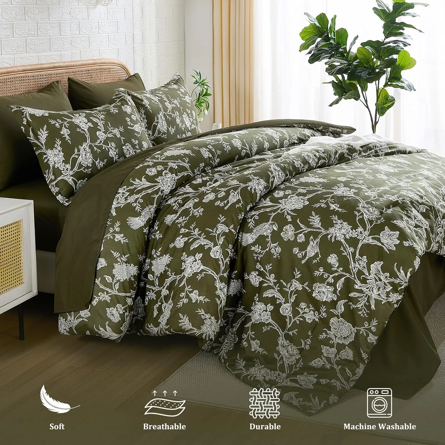 Luxudecor Floral Queen Comforter Set 7 Pieces, Olive Green Bed in a Bag, Flower and Bird Bedding Set, Soft Reversible Comforter with Sheet Set 90"x90"
