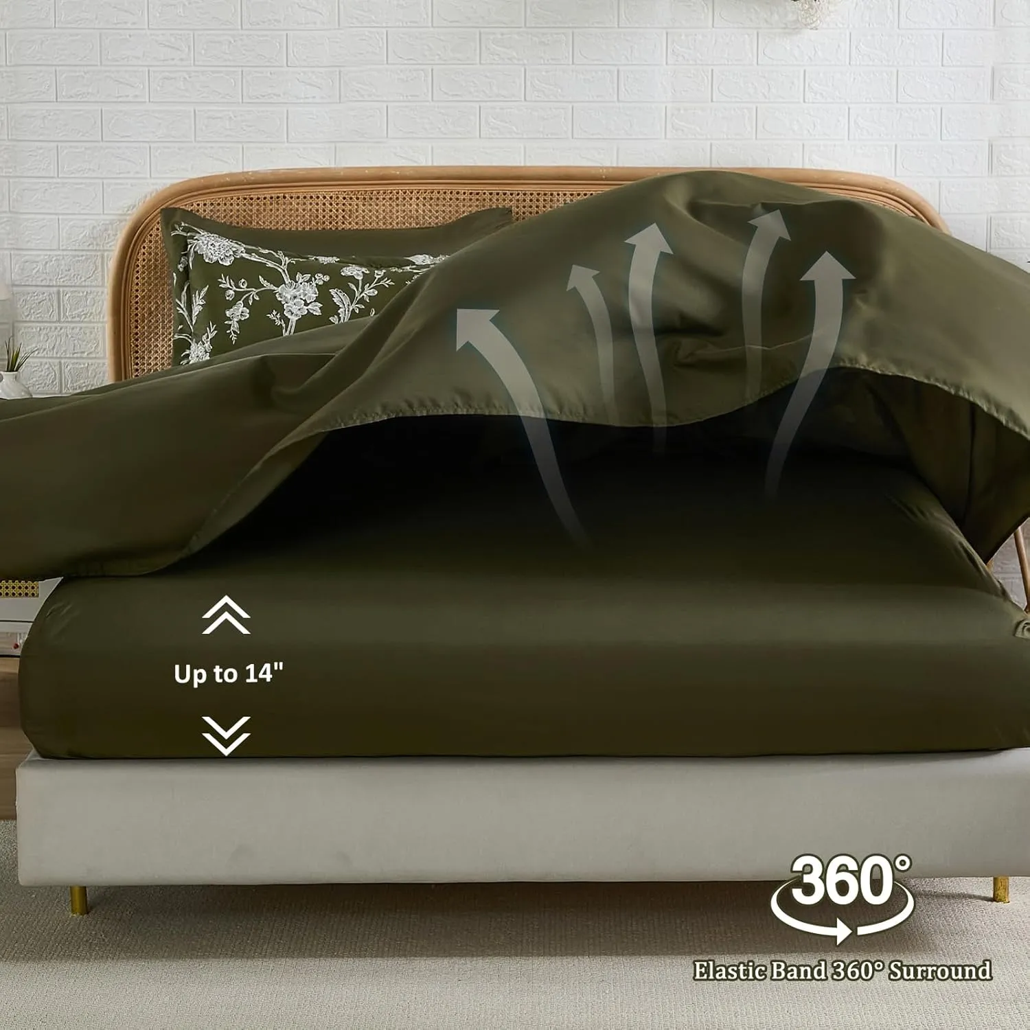 Luxudecor Floral Queen Comforter Set 7 Pieces, Olive Green Bed in a Bag, Flower and Bird Bedding Set, Soft Reversible Comforter with Sheet Set 90"x90"