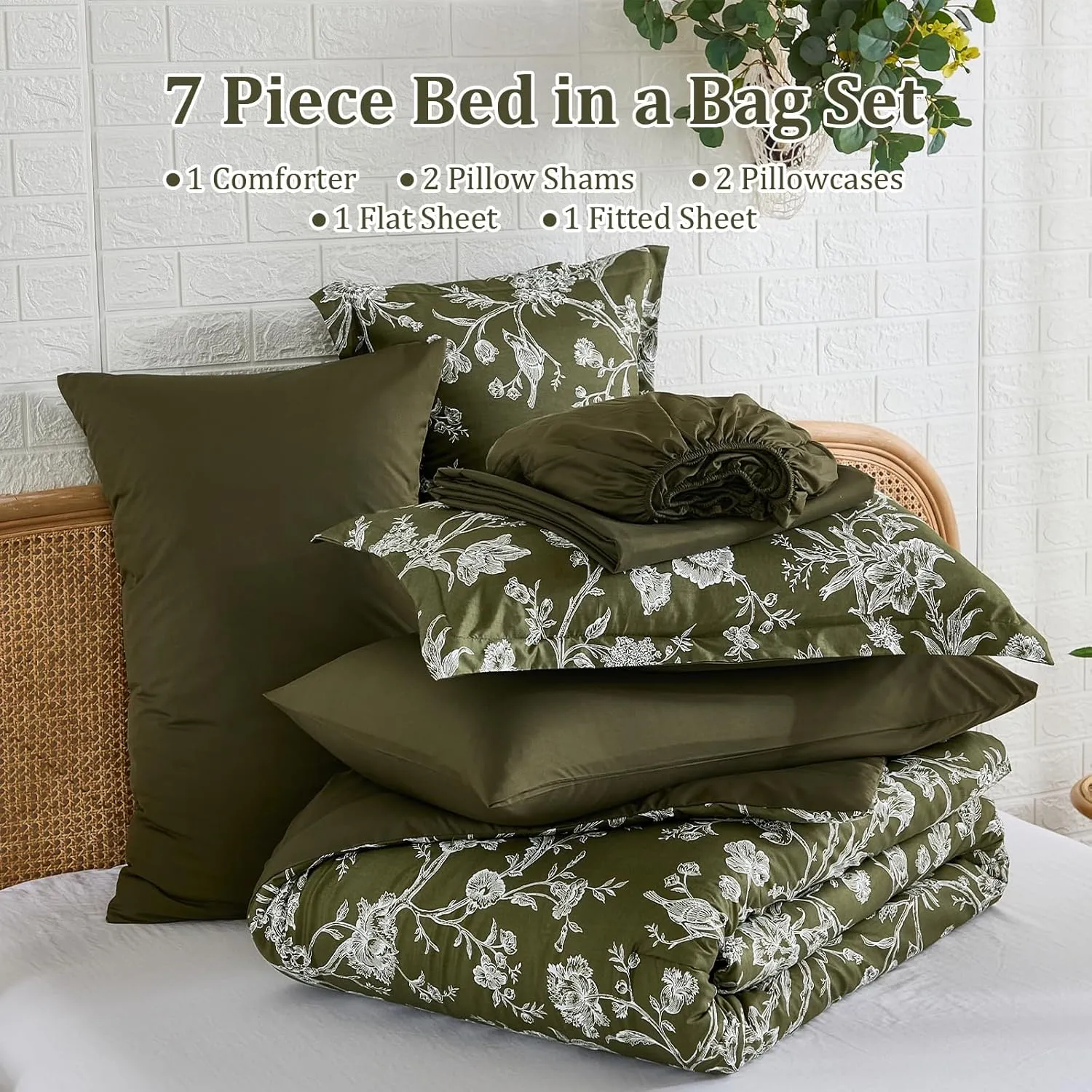 Luxudecor Floral Queen Comforter Set 7 Pieces, Olive Green Bed in a Bag, Flower and Bird Bedding Set, Soft Reversible Comforter with Sheet Set 90"x90"