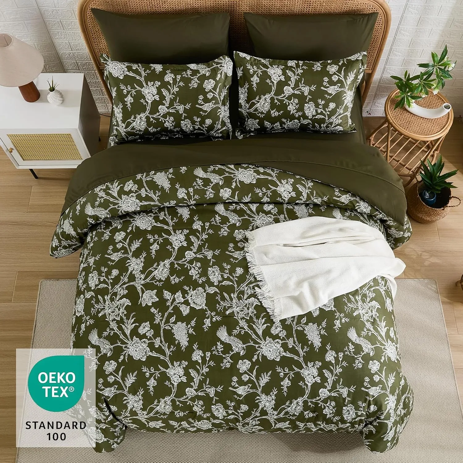 Luxudecor Floral Queen Comforter Set 7 Pieces, Olive Green Bed in a Bag, Flower and Bird Bedding Set, Soft Reversible Comforter with Sheet Set 90"x90"