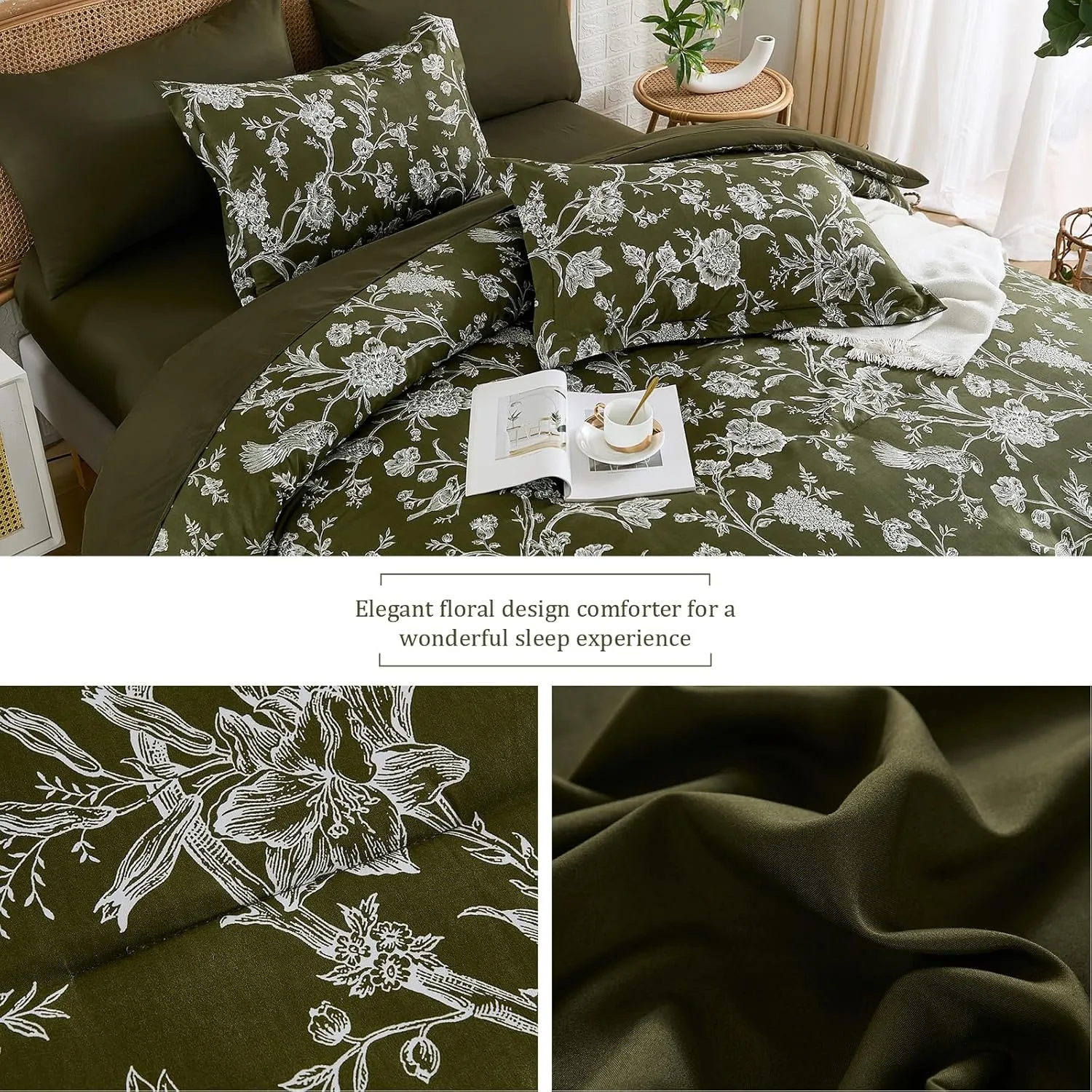 Luxudecor Floral Queen Comforter Set 7 Pieces, Olive Green Bed in a Bag, Flower and Bird Bedding Set, Soft Reversible Comforter with Sheet Set 90"x90"