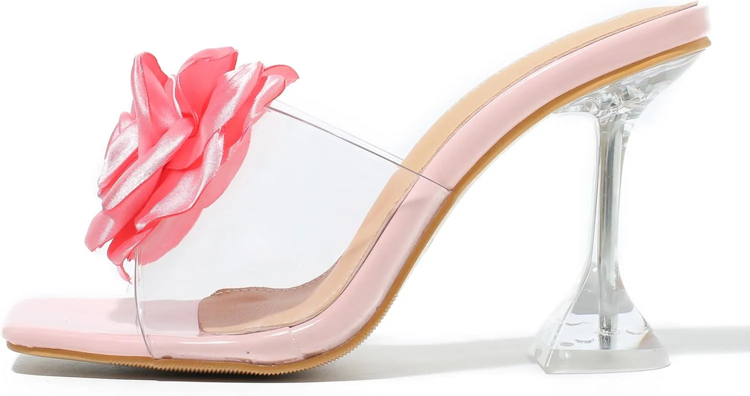 MAIERNISI JESSI Women Flowers High Heels Mules Sandals Square Toe Slip on Dress Bridal Wedding Sandals