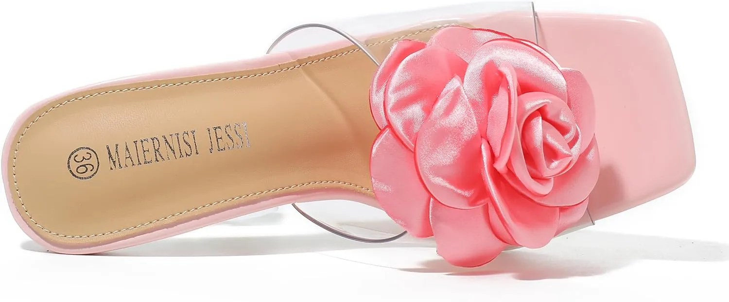 MAIERNISI JESSI Women Flowers High Heels Mules Sandals Square Toe Slip on Dress Bridal Wedding Sandals