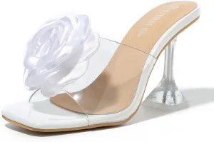 MAIERNISI JESSI Women Flowers High Heels Mules Sandals Square Toe Slip on Dress Bridal Wedding Sandals