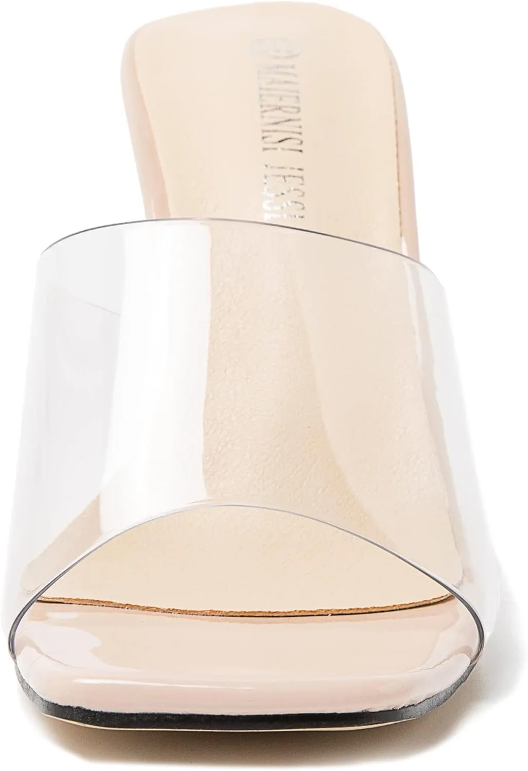 MAIERNISI JESSI Women's Clear Heels Sandals Square Toe High Stiletto Mules Slip on Wedding Dress Heel