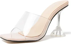 MAIERNISI JESSI Women's Clear Heels Sandals Square Toe High Stiletto Mules Slip on Wedding Dress Heel