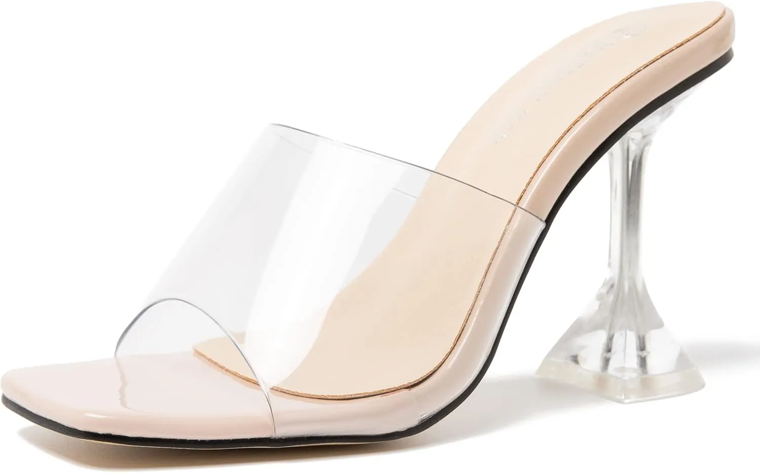 MAIERNISI JESSI Women's Clear Heels Sandals Square Toe High Stiletto Mules Slip on Wedding Dress Heel