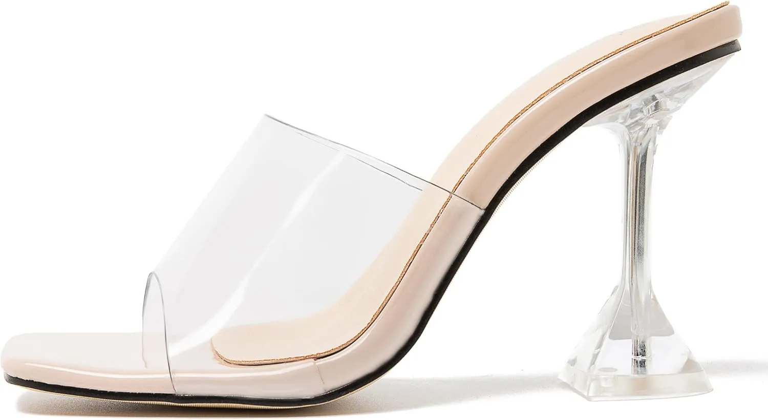 MAIERNISI JESSI Women's Clear Heels Sandals Square Toe High Stiletto Mules Slip on Wedding Dress Heel