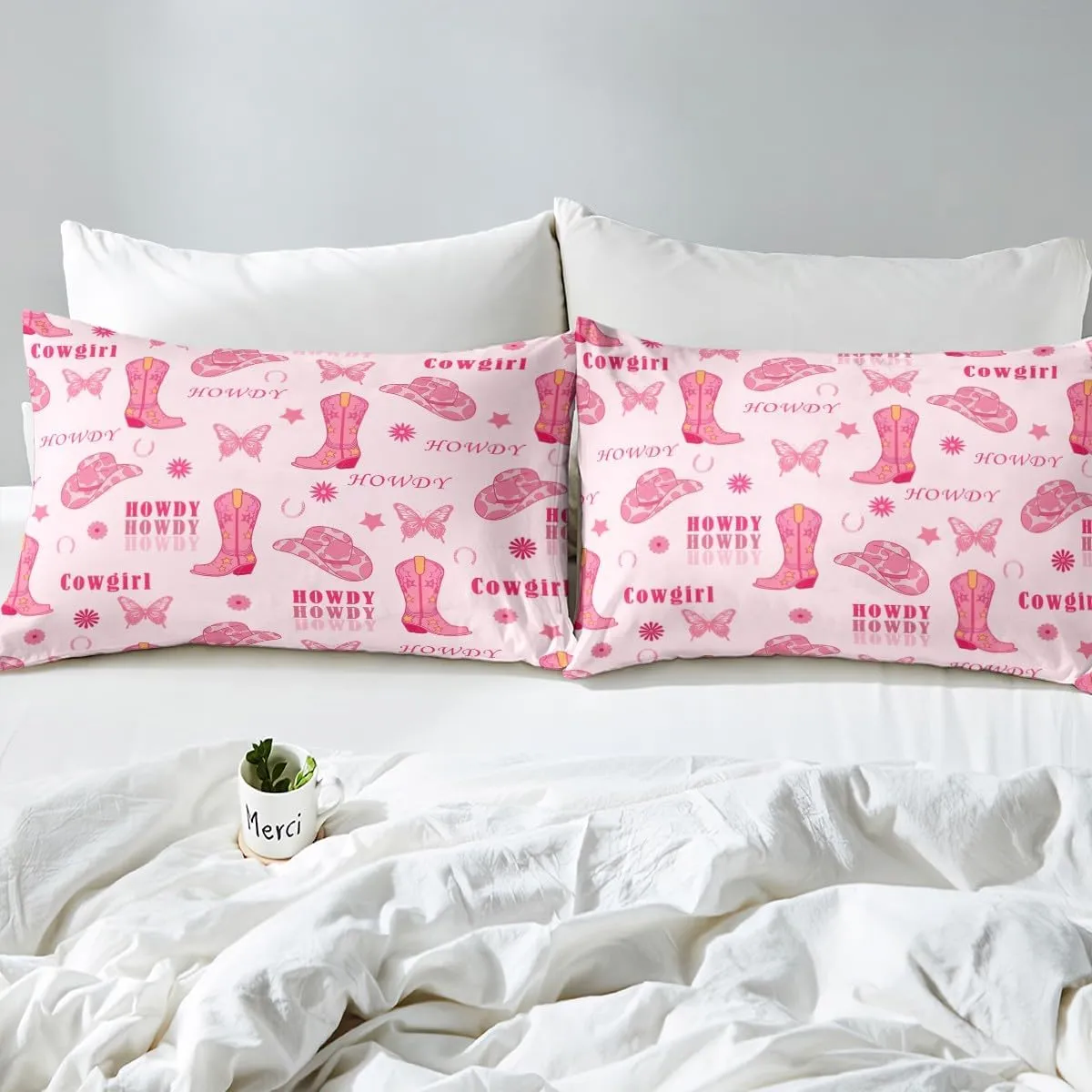 Manfei Cowgirl Boots Bed Sheet Queen Set,Western Tribal Horseshoe Cap Cowhide Print Sheet Sets Adults Bedroom,Pink Butterfly Stars Daisy Flowers Graffiti Bedding Set with Flat,Fitted Sheet,2 Pillows