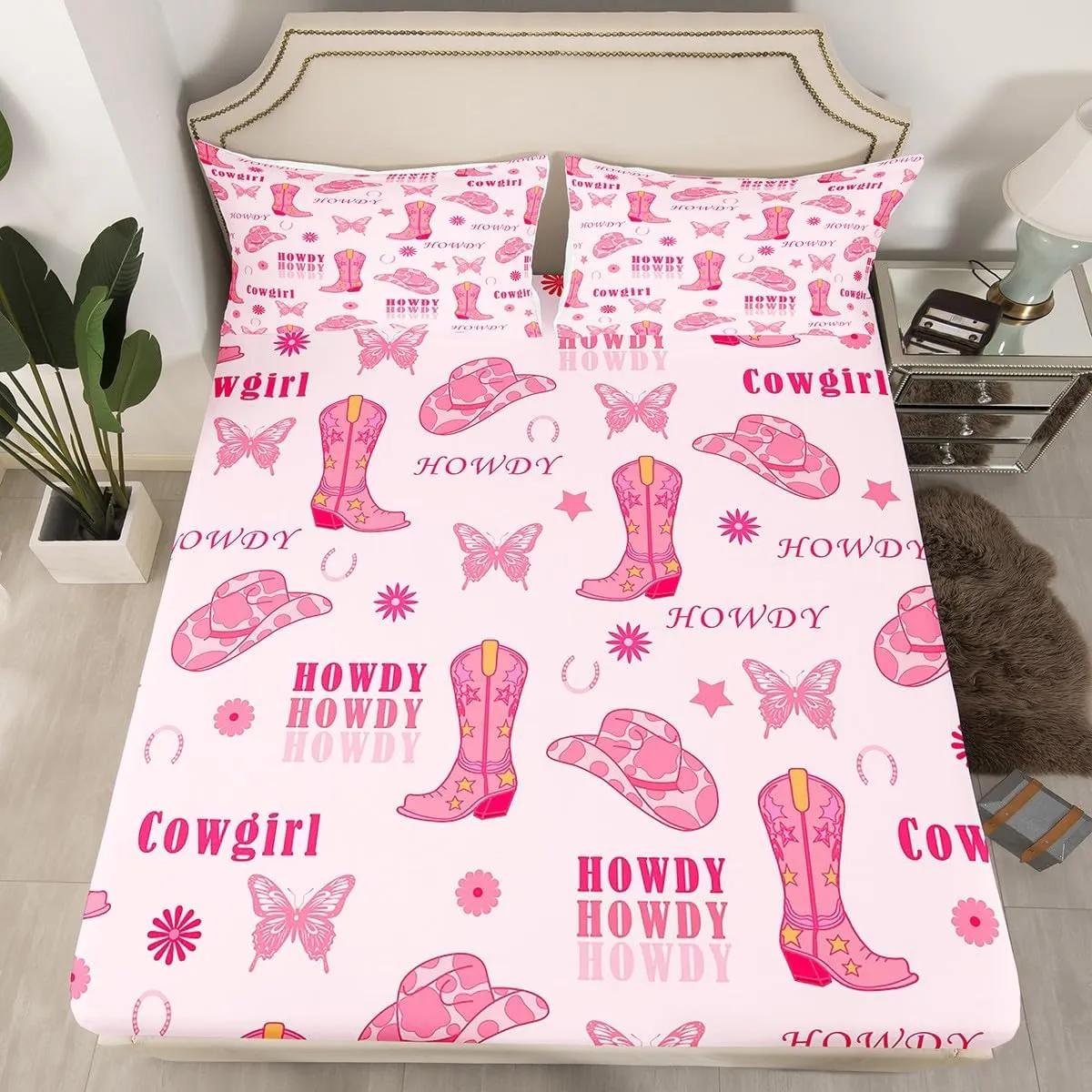 Manfei Cowgirl Boots Bed Sheet Queen Set,Western Tribal Horseshoe Cap Cowhide Print Sheet Sets Adults Bedroom,Pink Butterfly Stars Daisy Flowers Graffiti Bedding Set with Flat,Fitted Sheet,2 Pillows