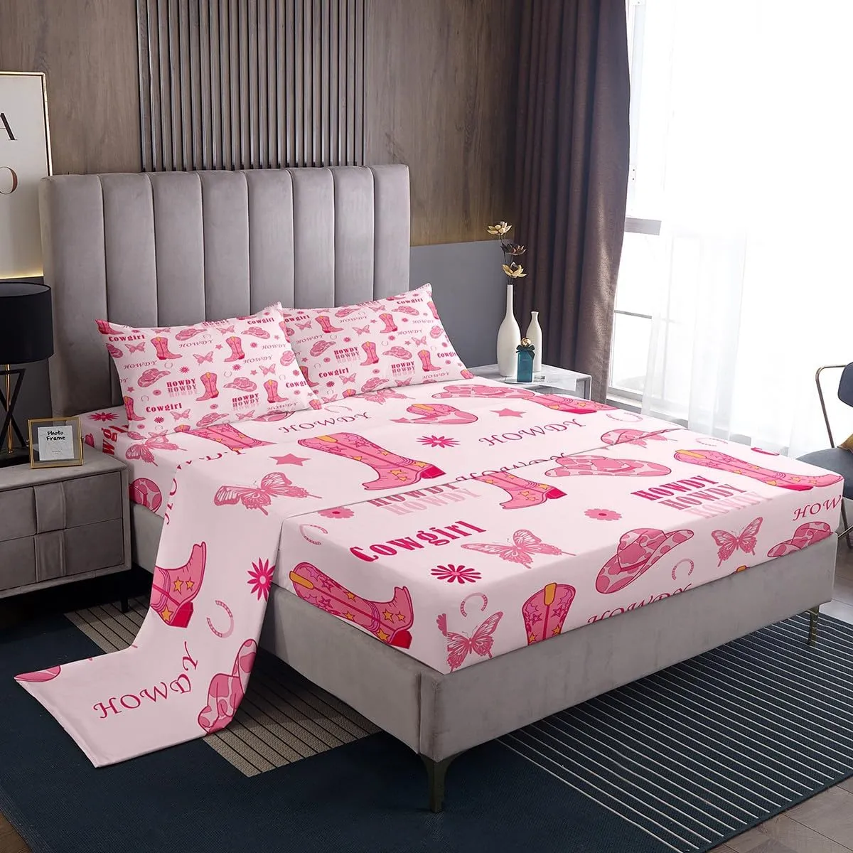 Manfei Cowgirl Boots Bed Sheet Queen Set,Western Tribal Horseshoe Cap Cowhide Print Sheet Sets Adults Bedroom,Pink Butterfly Stars Daisy Flowers Graffiti Bedding Set with Flat,Fitted Sheet,2 Pillows