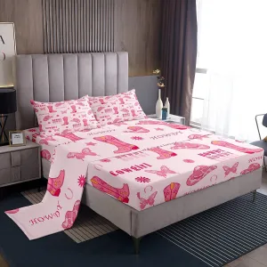 Manfei Cowgirl Boots Bed Sheet Queen Set,Western Tribal Horseshoe Cap Cowhide Print Sheet Sets Adults Bedroom,Pink Butterfly Stars Daisy Flowers Graffiti Bedding Set with Flat,Fitted Sheet,2 Pillows