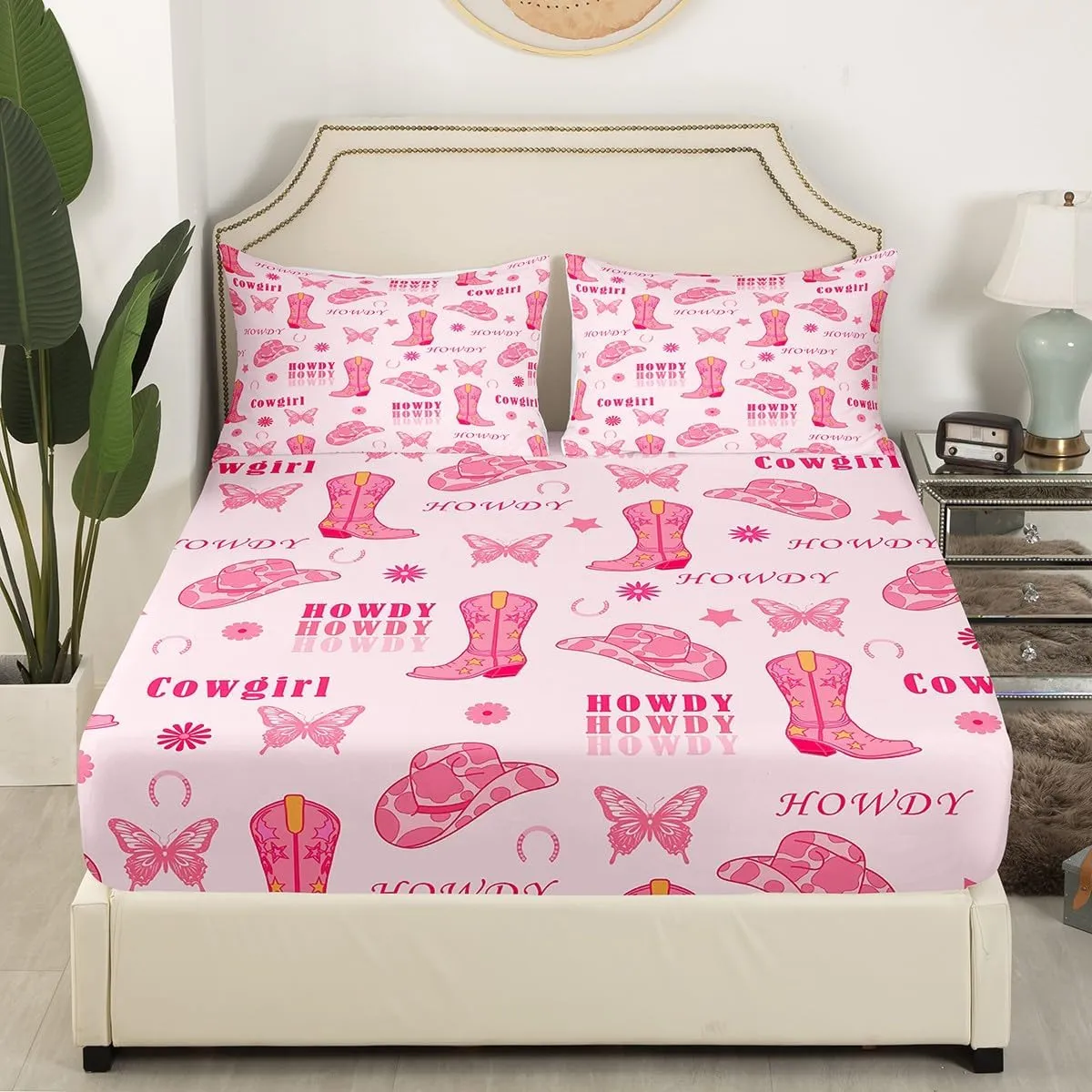 Manfei Cowgirl Boots Bed Sheet Queen Set,Western Tribal Horseshoe Cap Cowhide Print Sheet Sets Adults Bedroom,Pink Butterfly Stars Daisy Flowers Graffiti Bedding Set with Flat,Fitted Sheet,2 Pillows