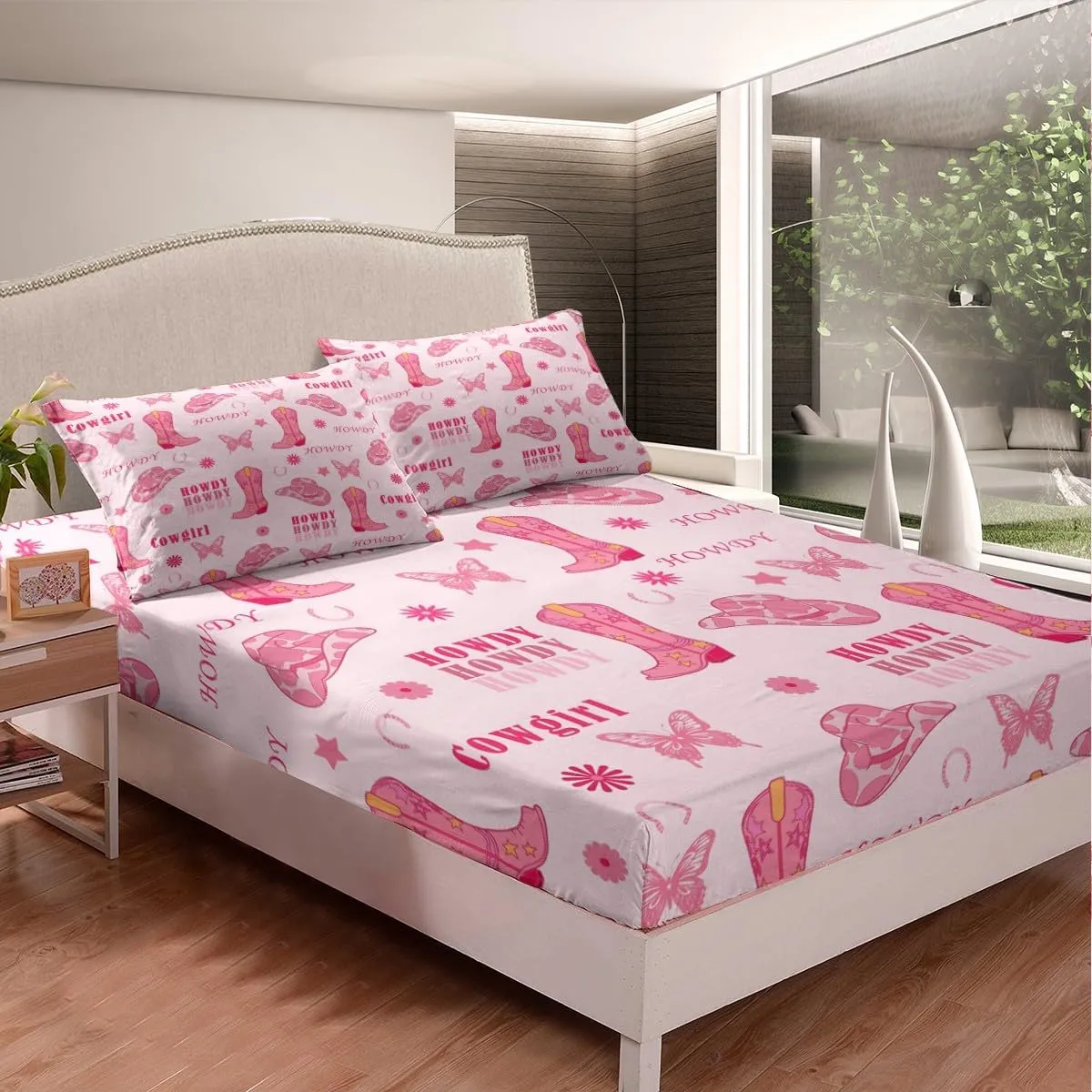 Manfei Cowgirl Boots Bed Sheet Queen Set,Western Tribal Horseshoe Cap Cowhide Print Sheet Sets Adults Bedroom,Pink Butterfly Stars Daisy Flowers Graffiti Bedding Set with Flat,Fitted Sheet,2 Pillows