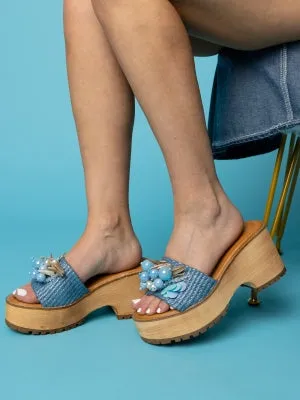 Mata Too Much Raffia And Pearl Detail Straps Round Toe Slip-on Platform Block Heel Sandal