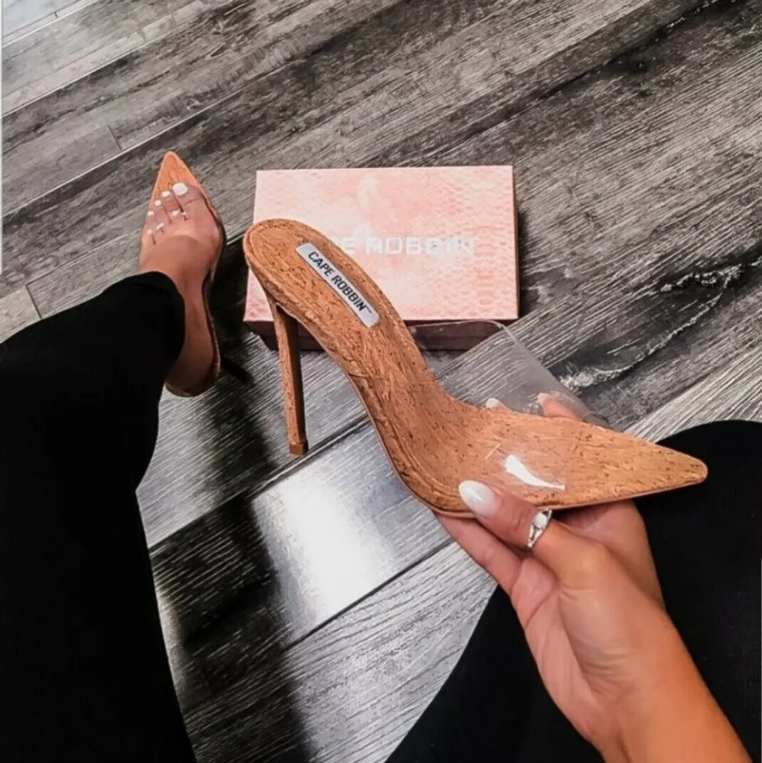 MELROSE Cork Heel No-hassle returns Pointy Mule Toe Clear Wi-Fi-enabled Cape NUDE Open Slip-On Robbin Stiletto
