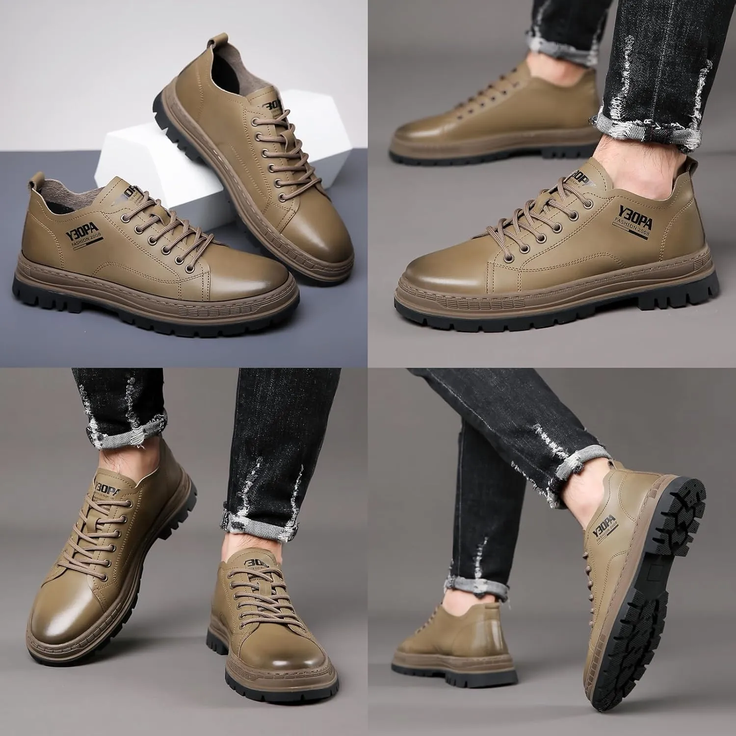 Men's Genuine Leather Casual Oxfords Shoes Platform Comfortable Non-Slip Fashion Low-Top Outdoor Sneaker Work Dress Shoes
