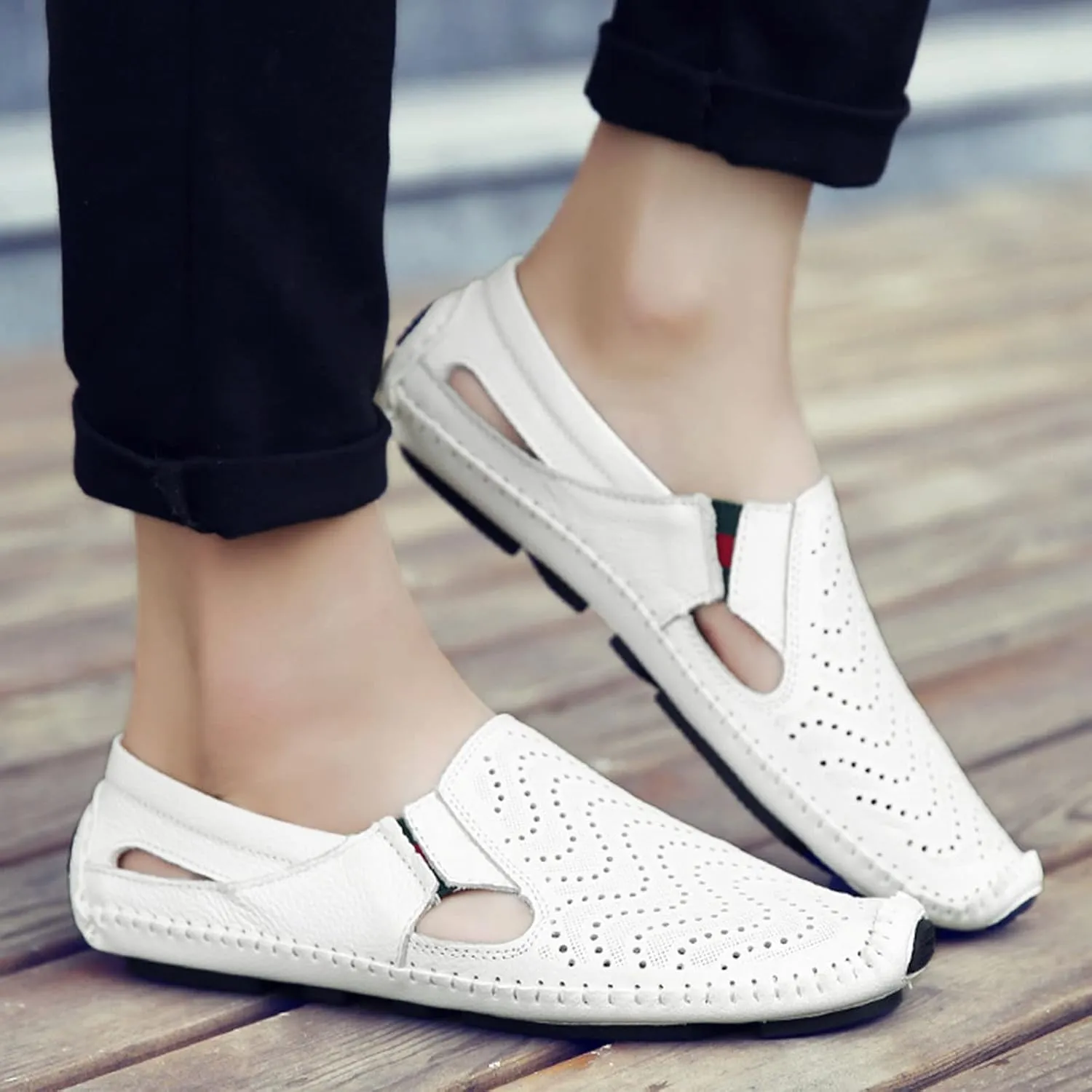 Men's Leather Loafers Cutout Breathe Hand-Stitching Slip on Lightweight Comfy Soft-sole Driving Walking Casual Sandals