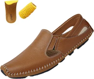 Men's Leather Loafers Cutout Breathe Hand-Stitching Slip on Lightweight Comfy Soft-sole Driving Walking Casual Sandals