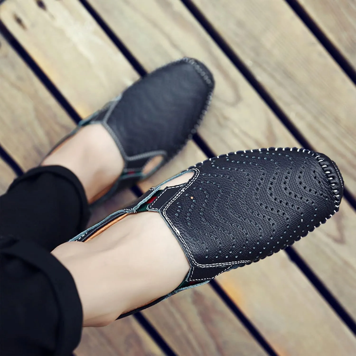 Men's Leather Loafers Cutout Breathe Hand-Stitching Slip on Lightweight Comfy Soft-sole Driving Walking Casual Sandals