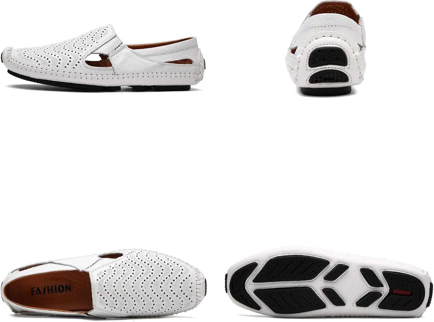 Men's Leather Loafers Cutout Breathe Hand-Stitching Slip on Lightweight Comfy Soft-sole Driving Walking Casual Sandals