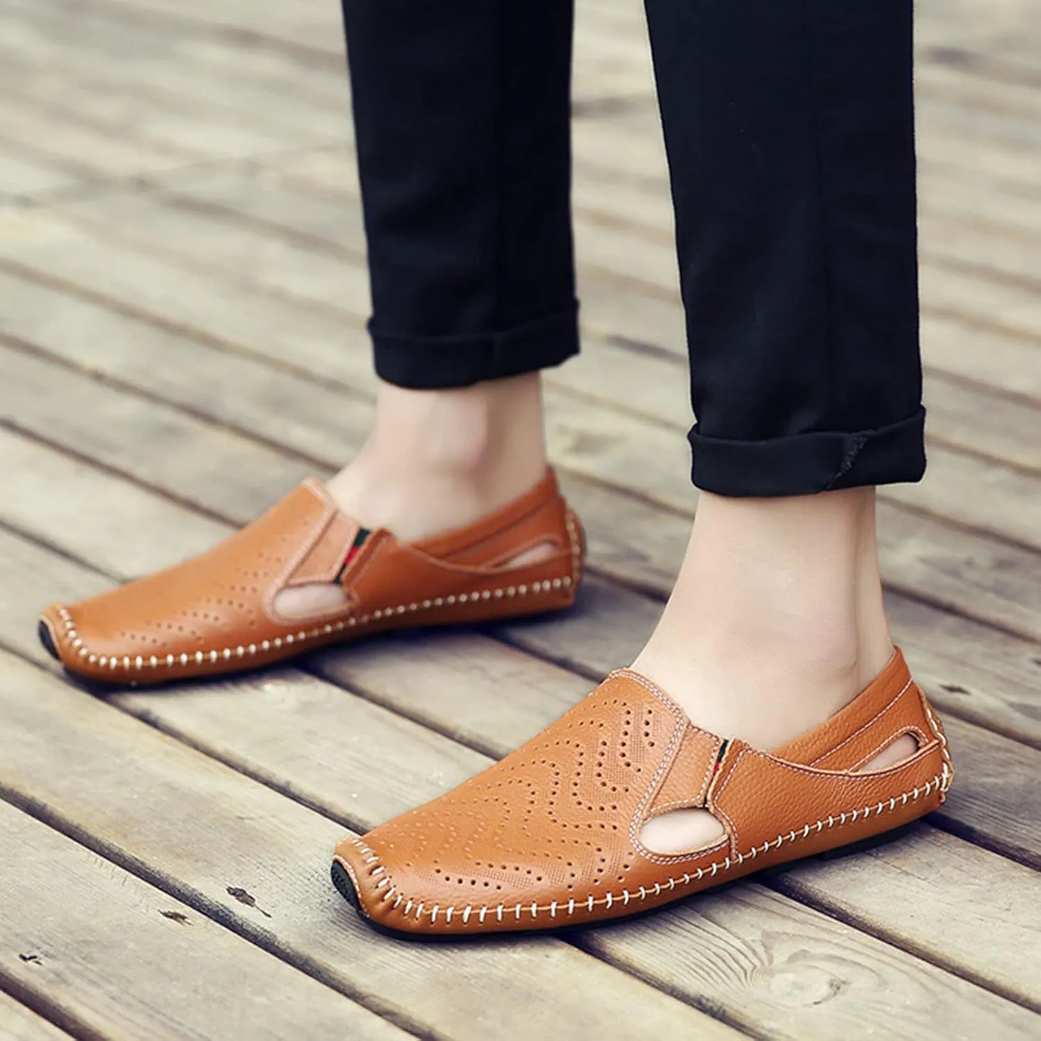 Men's Leather Loafers Cutout Breathe Hand-Stitching Slip on Lightweight Comfy Soft-sole Driving Walking Casual Sandals