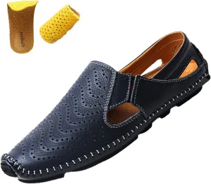 Men's Leather Loafers Cutout Breathe Hand-Stitching Slip on Lightweight Comfy Soft-sole Driving Walking Casual Sandals