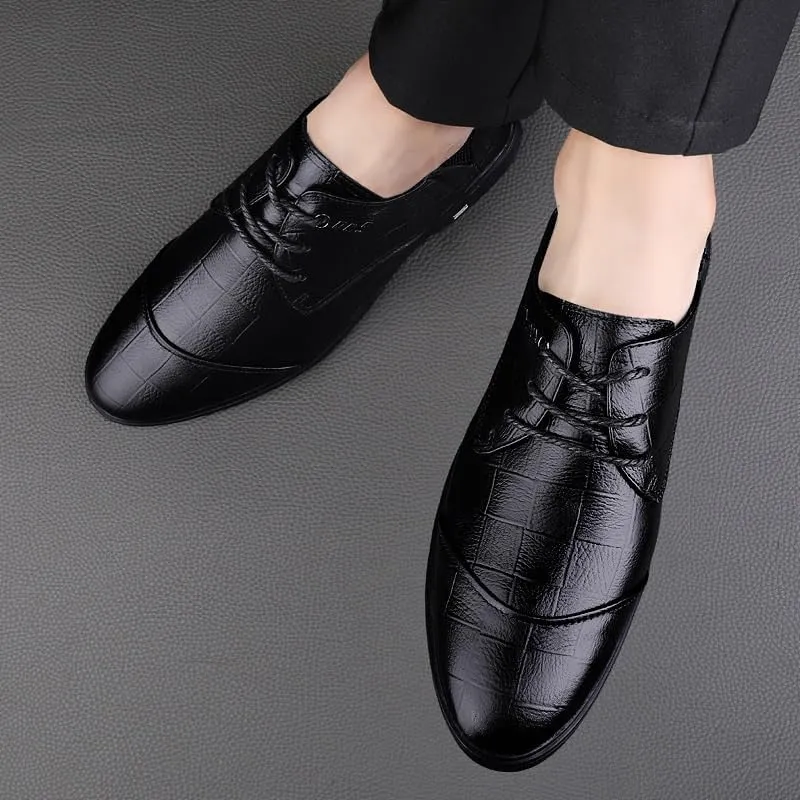 Men's Pointed Toe Dress Shoes - Formal Business Casual Oxford Shoes with Trendy Plaid Upper and Non-Slip Lug Sole