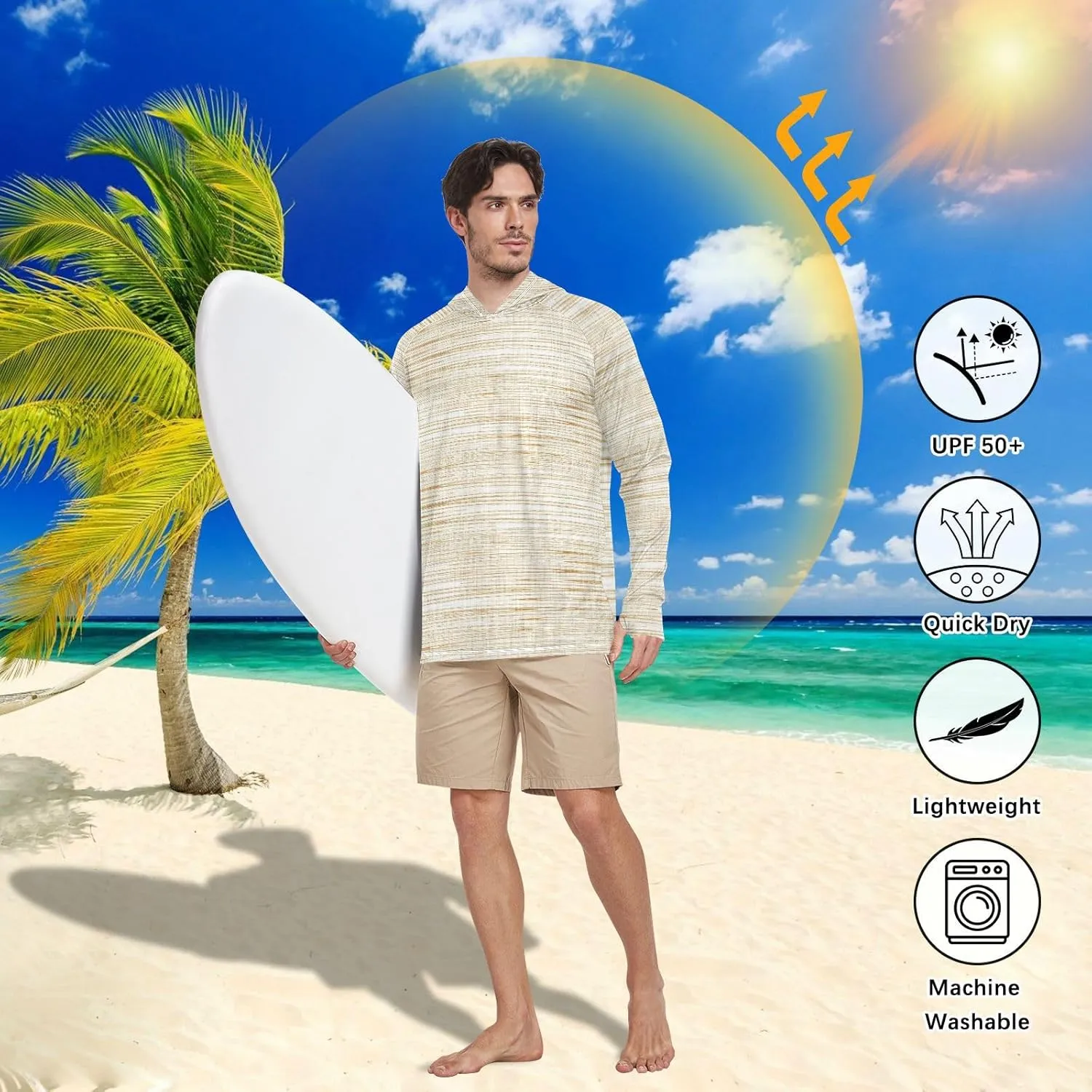 Men's Sun Shirt Hoodie Long Sleeve Gray French Stripe UPF 50   Sun Shirt with Hood Cooling Hoodies Rash Guards Mens
