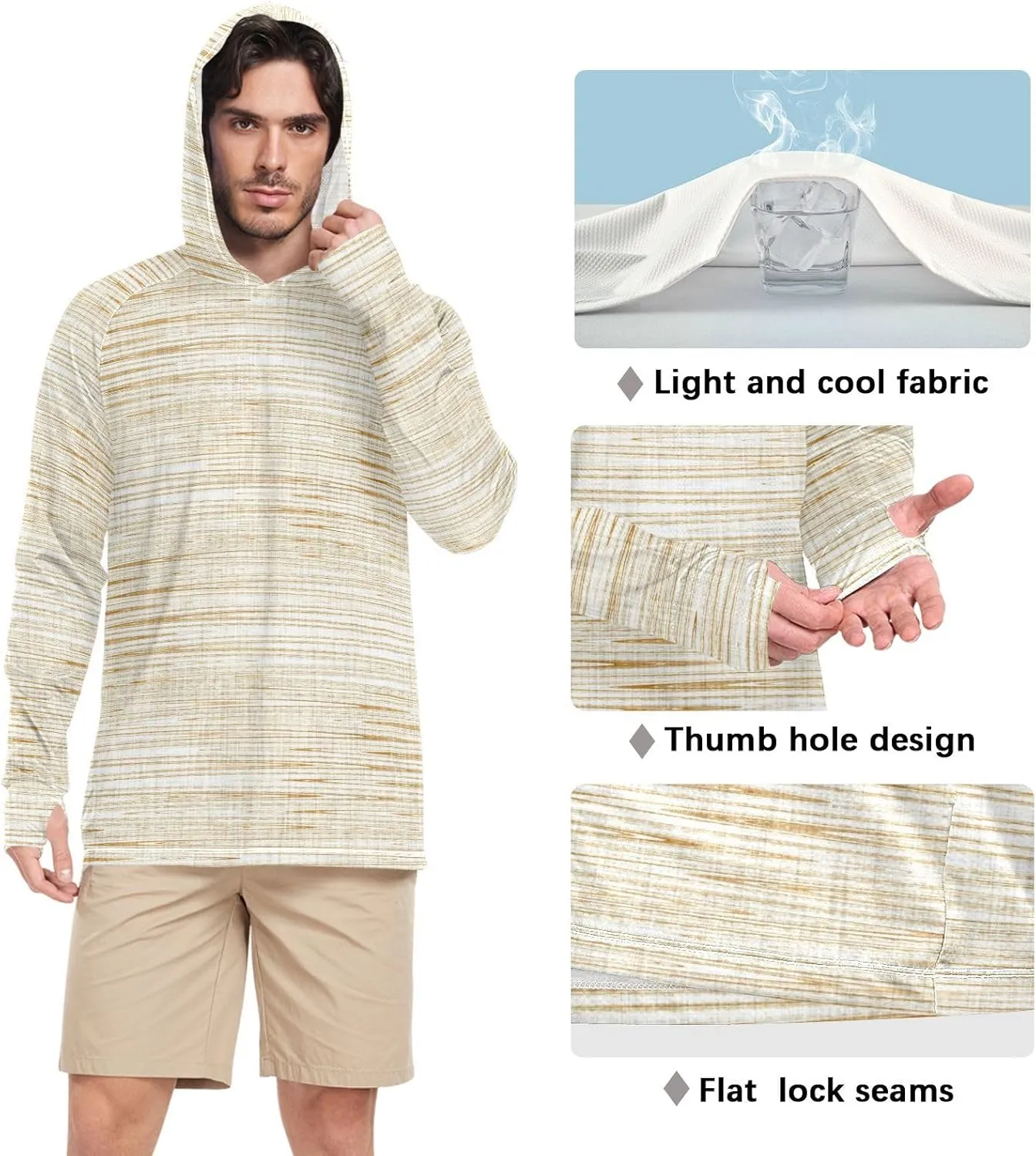 Men's Sun Shirt Hoodie Long Sleeve Gray French Stripe UPF 50   Sun Shirt with Hood Cooling Hoodies Rash Guards Mens