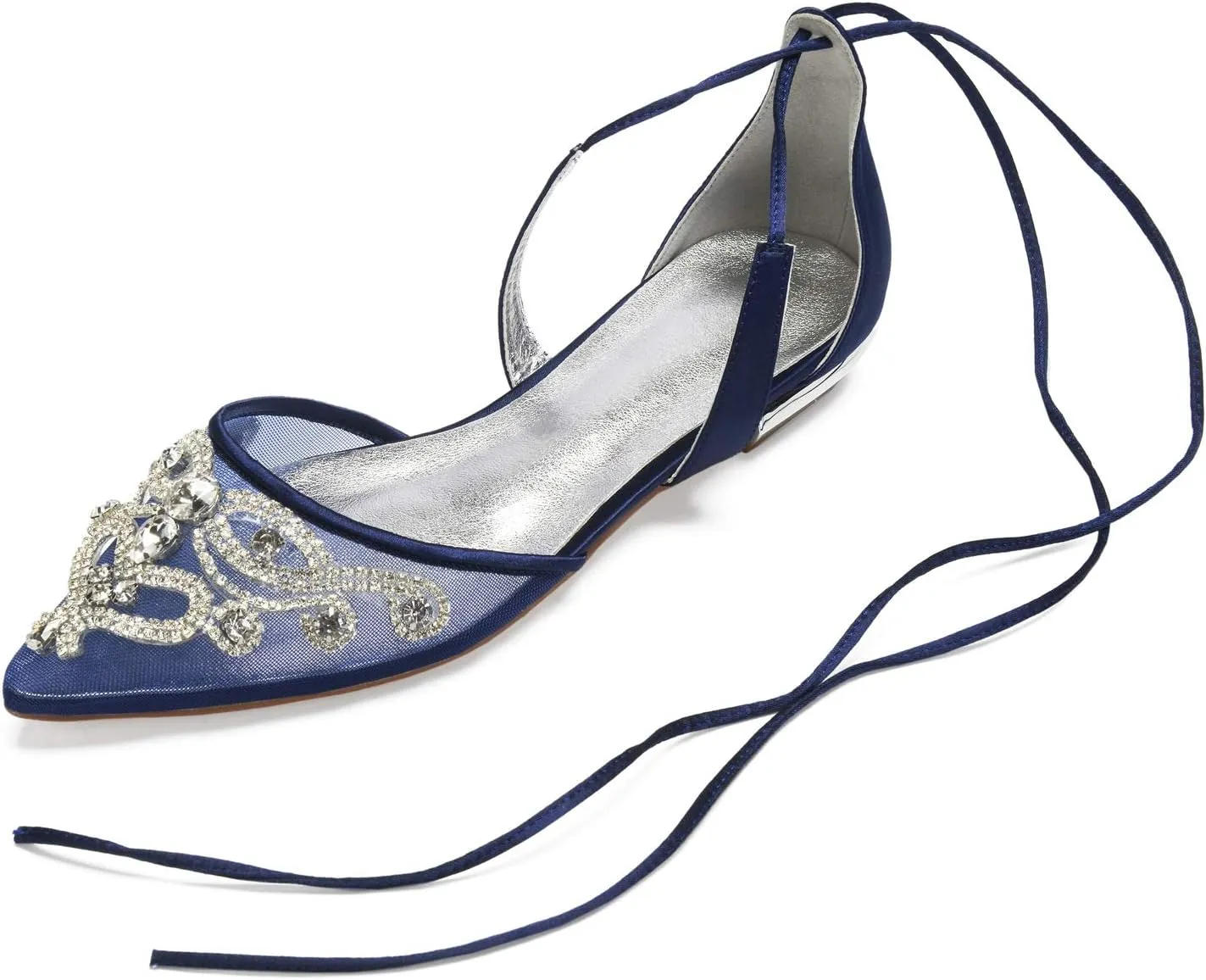 Mesh Crystals Wedding Flats Shoes for Bride Pointed Toe Tie Up Formal Party Dress Shoes Summer 5047A-7/8/10