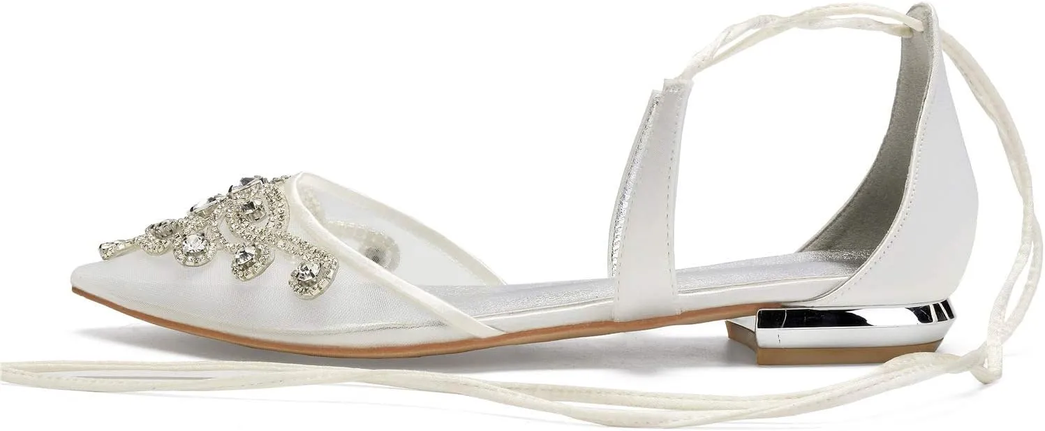 Mesh Crystals Wedding Flats Shoes for Bride Pointed Toe Tie Up Formal Party Dress Shoes Summer 5047A-7/8/10