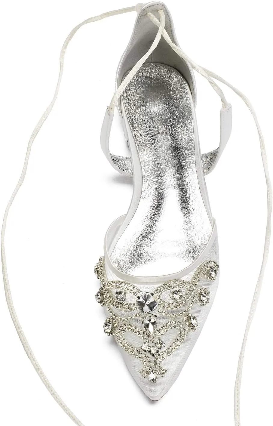 Mesh Crystals Wedding Flats Shoes for Bride Pointed Toe Tie Up Formal Party Dress Shoes Summer 5047A-7/8/10