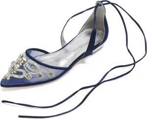 Mesh Crystals Wedding Flats Shoes for Bride Pointed Toe Tie Up Formal Party Dress Shoes Summer 5047A-7/8/10
