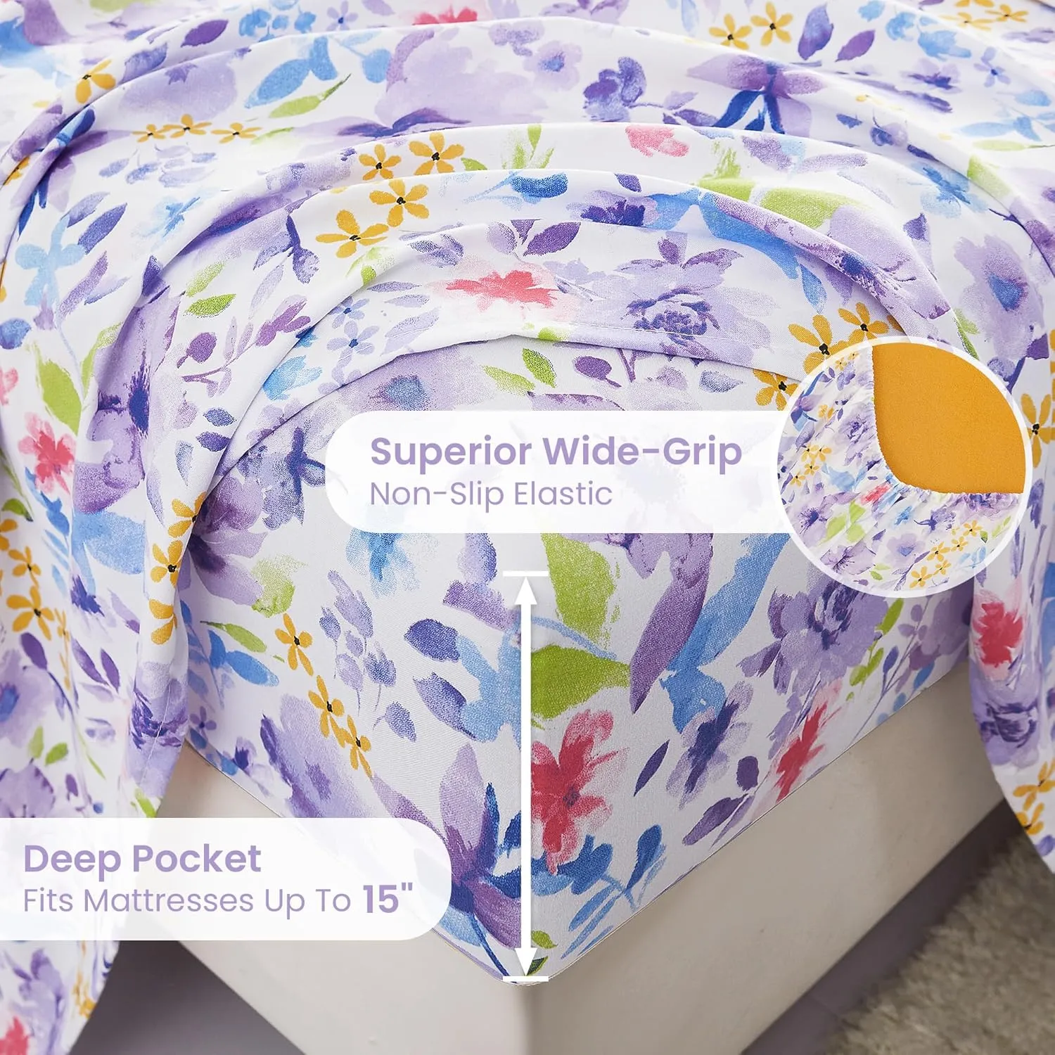 Mooreeke Floral Queen Sheets, Soft Breathable Microfiber Vintage Printed Bed Sheet Set, Deep Pocket Non-Slip Fitted Sheet Included, Purple Flower Pattern