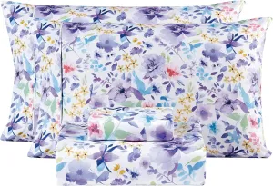 Mooreeke Floral Queen Sheets, Soft Breathable Microfiber Vintage Printed Bed Sheet Set, Deep Pocket Non-Slip Fitted Sheet Included, Purple Flower Pattern