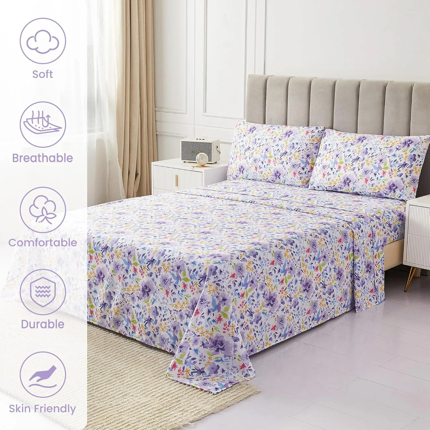 Mooreeke Floral Queen Sheets, Soft Breathable Microfiber Vintage Printed Bed Sheet Set, Deep Pocket Non-Slip Fitted Sheet Included, Purple Flower Pattern