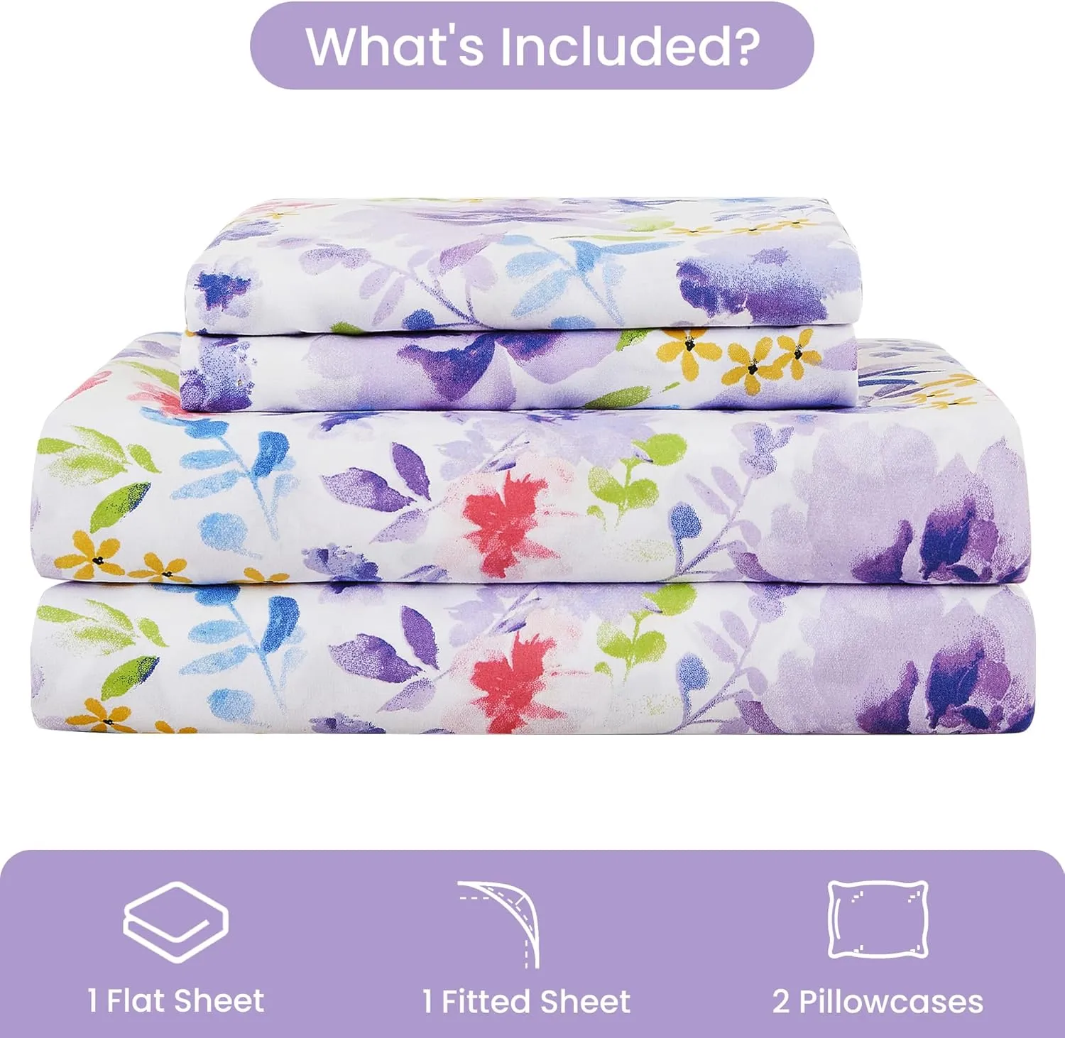 Mooreeke Floral Queen Sheets, Soft Breathable Microfiber Vintage Printed Bed Sheet Set, Deep Pocket Non-Slip Fitted Sheet Included, Purple Flower Pattern