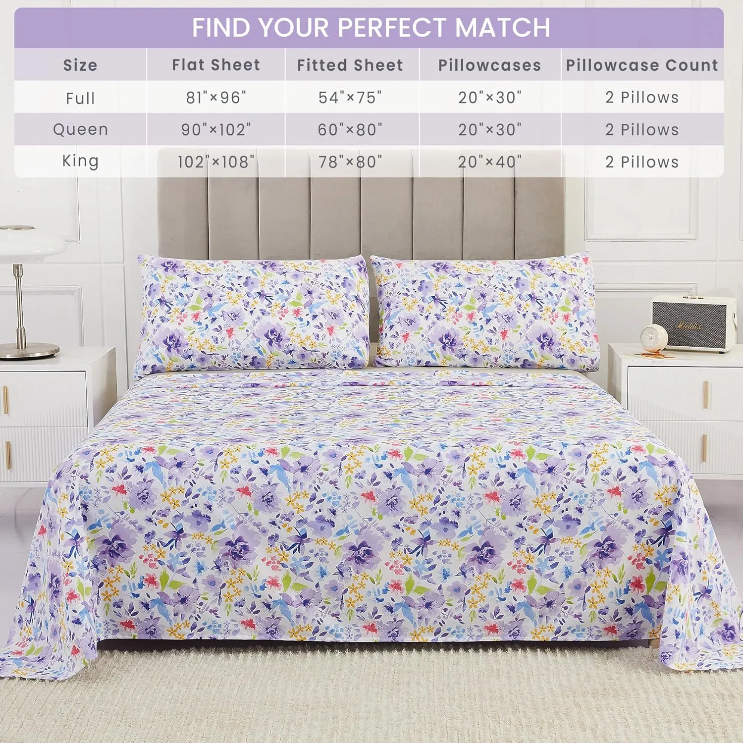 Mooreeke Floral Queen Sheets, Soft Breathable Microfiber Vintage Printed Bed Sheet Set, Deep Pocket Non-Slip Fitted Sheet Included, Purple Flower Pattern