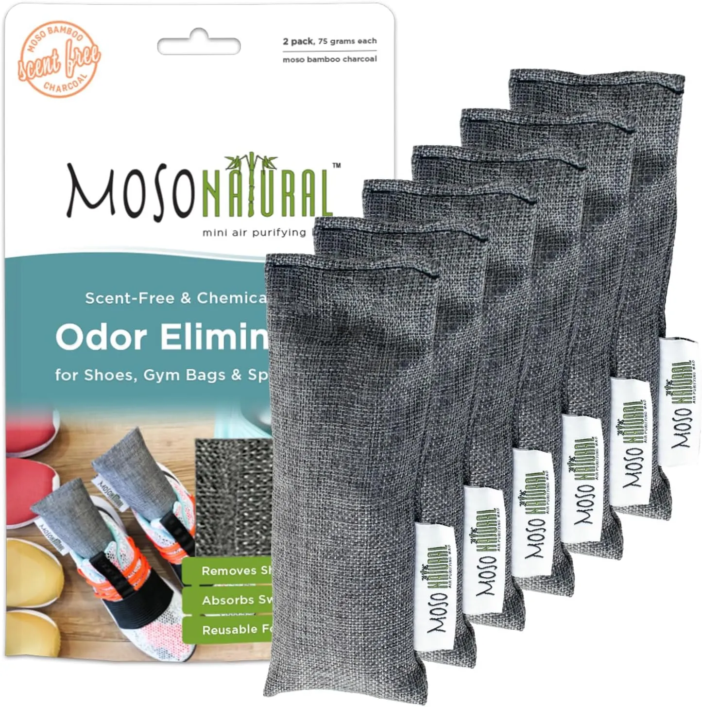 Moso Natural Shoe Deodorizer Insert (3 Pack) Charcoal Odor Absorber for Shoes | Gym Bag & Boot Deodorizer | Long-Lasting Shoe Odor Elimination | Unscented Air Purifying Bags (Two Per Pack. 6 Total)