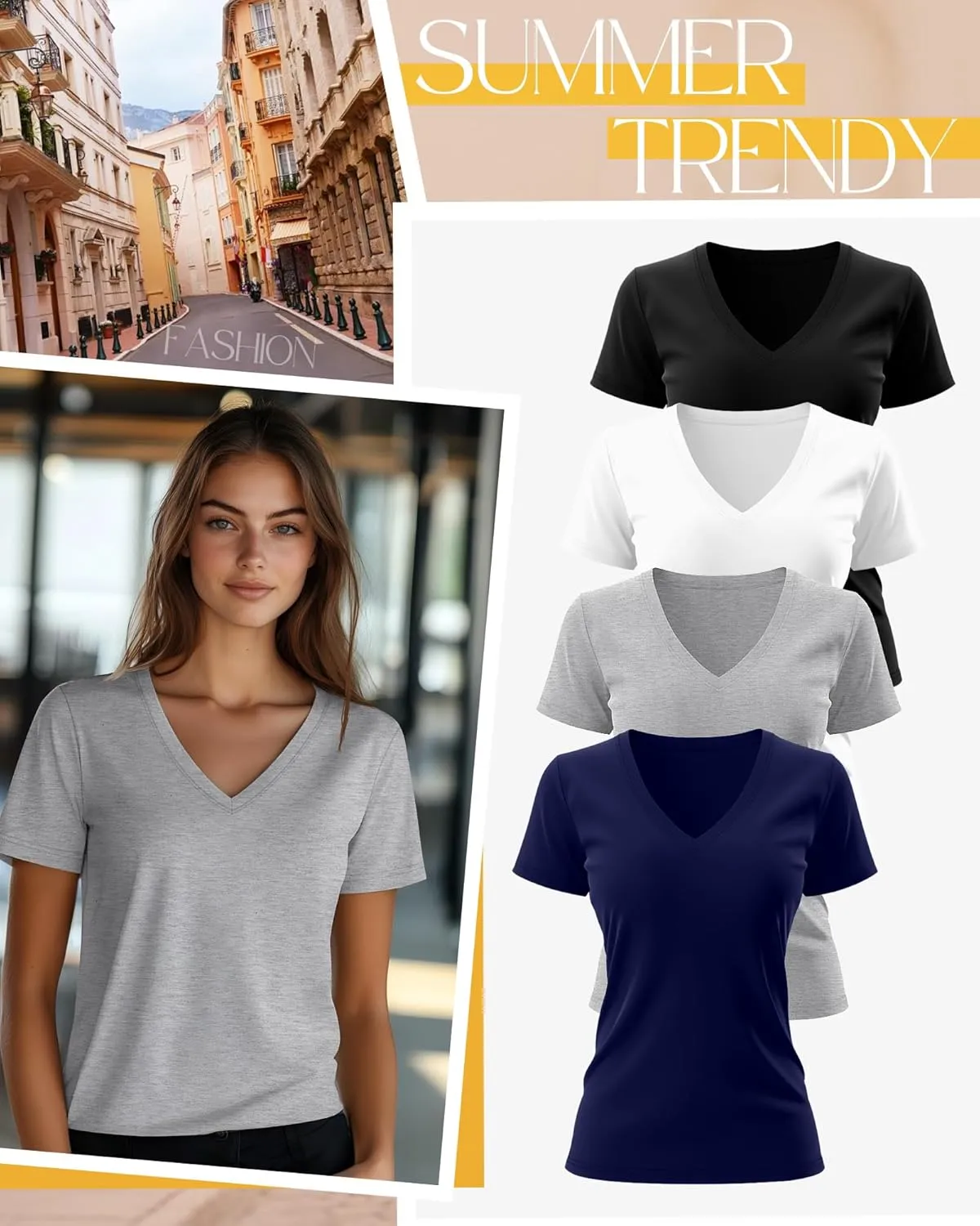 Neer 4 Pack Women's V Neck T-Shirts Summer Short Sleeve Casual Tops Loose Fit Flat Hem Basic Tees