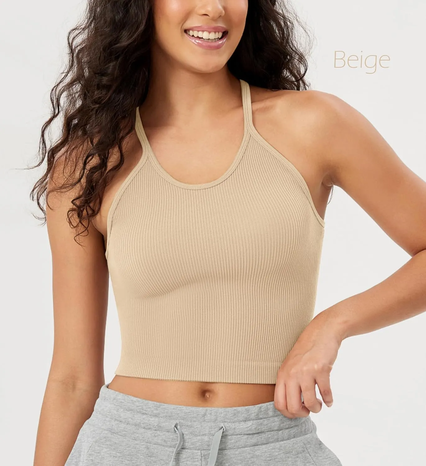 ODODOS Women's Crop 3-Pack Seamless Rib-Knit Camisole Crop Tank Tops
