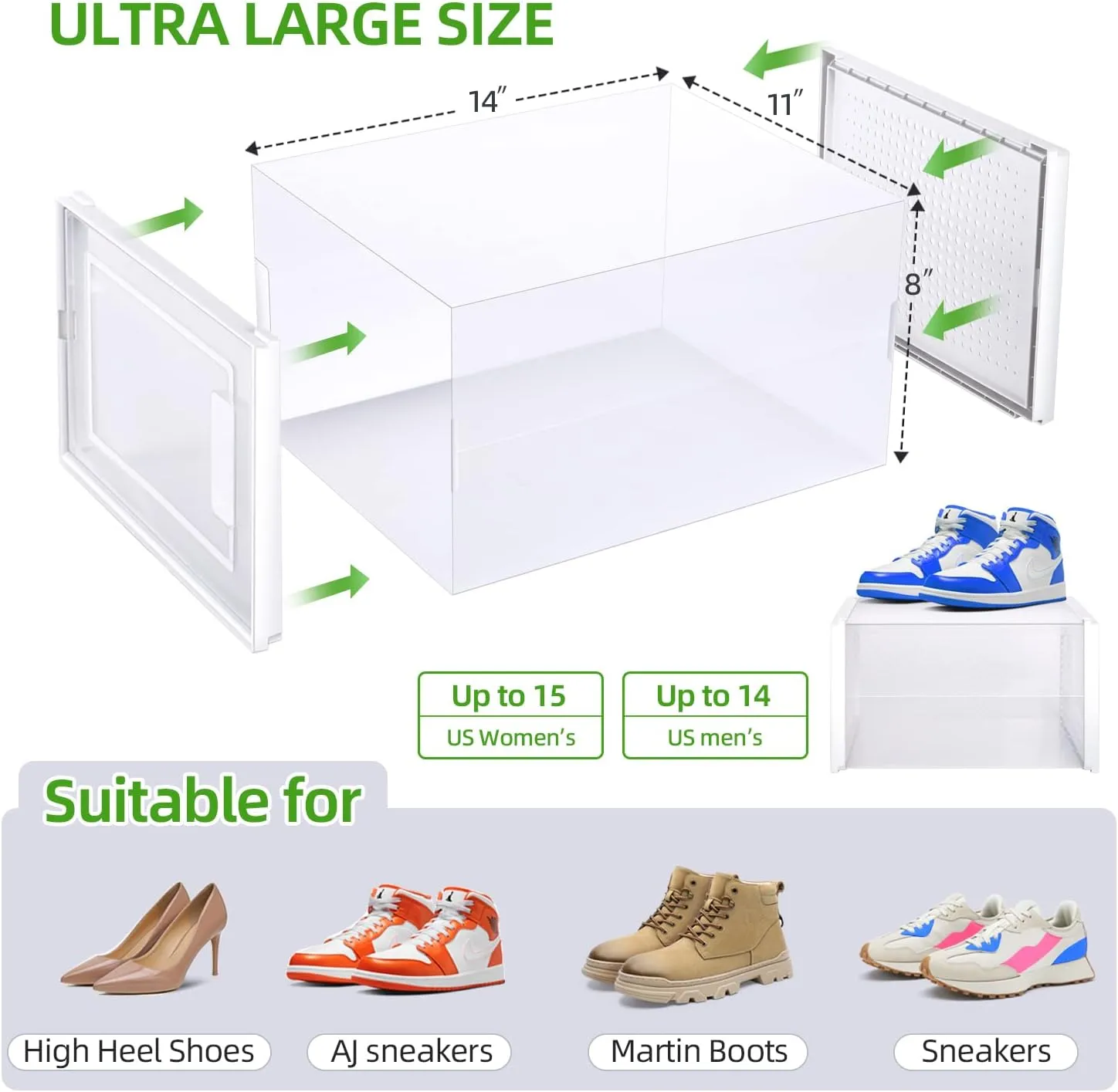 Ohuhu Shoe Storage, Ultra Large Shoe Organizer Heavy Duty 6 Pack Plastic Storage Bins Container Boxes Clear Stackable Sneaker Case Drawers Front Opening for Closet and Entryway Fit up to US Size 14
