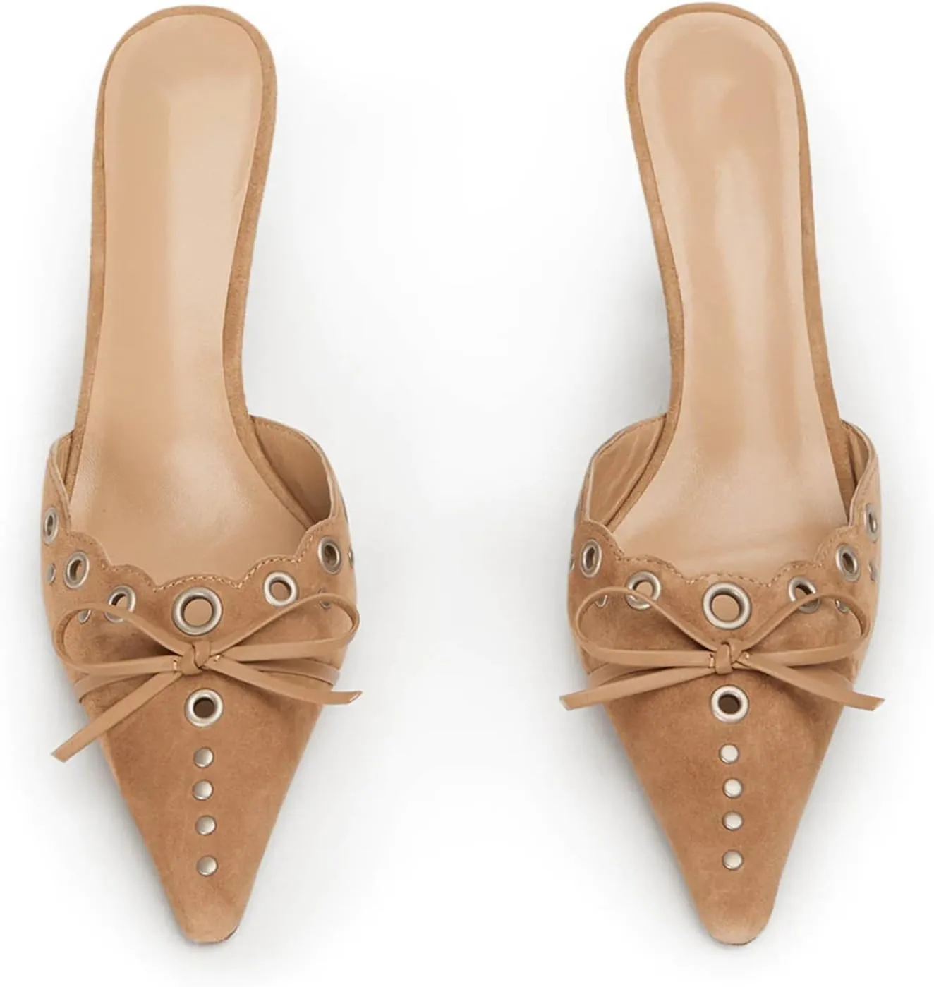 olomisa Kitten Heels for Women, Pointed Toe Heels Studded Bow Heeled Mules, Faux Suede Silp On Sandals Kitten Heel Pumps