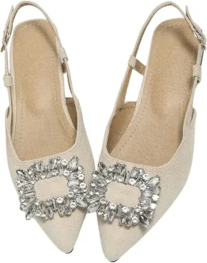 OYOANGLE Women's Rhinestone Decor Pointed Toe Slingback Flats Faux Suede Dress Sandals
