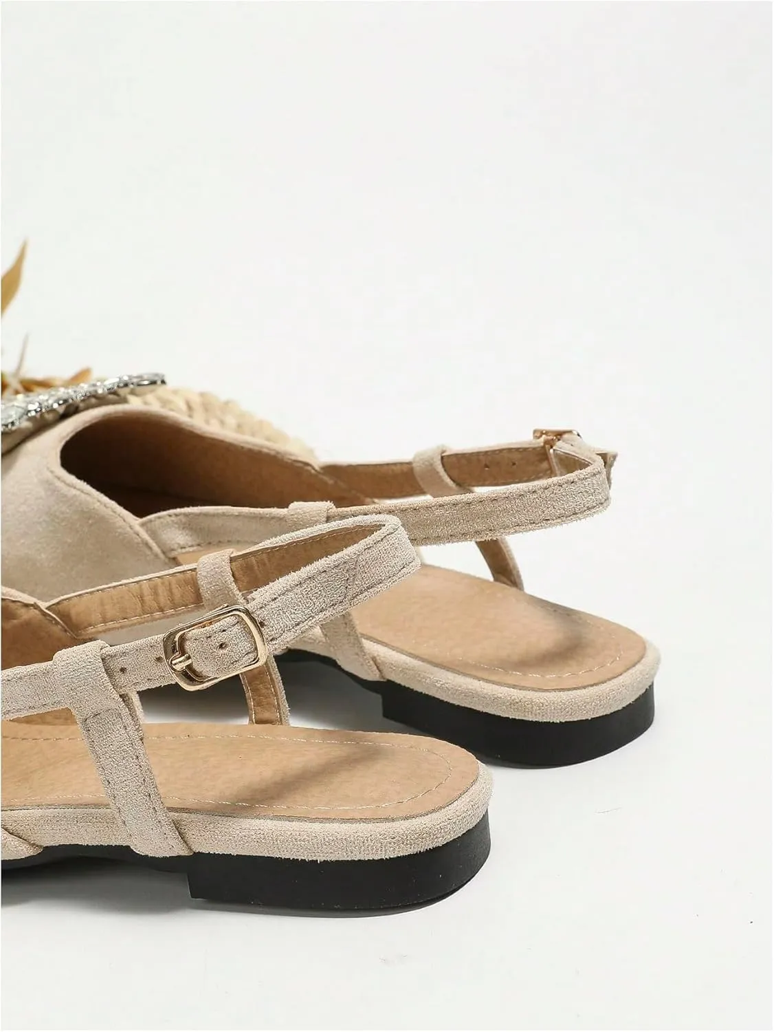 OYOANGLE Women's Rhinestone Decor Pointed Toe Slingback Flats Faux Suede Dress Sandals