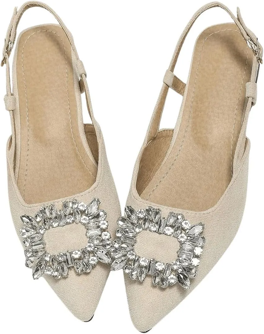 OYOANGLE Women's Rhinestone Decor Pointed Toe Slingback Flats Faux Suede Dress Sandals