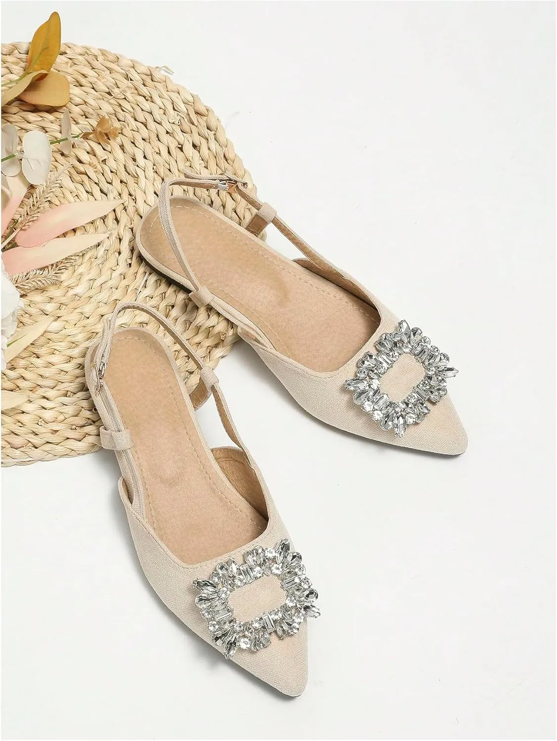 OYOANGLE Women's Rhinestone Decor Pointed Toe Slingback Flats Faux Suede Dress Sandals