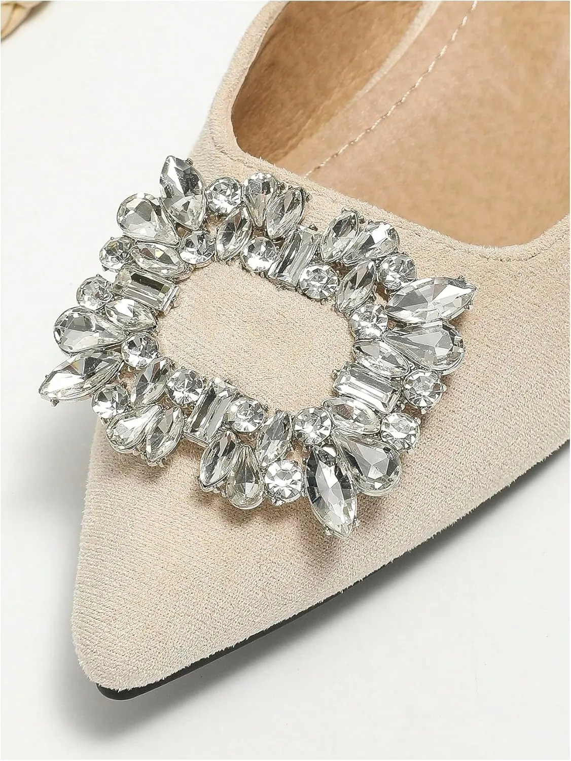 OYOANGLE Women's Rhinestone Decor Pointed Toe Slingback Flats Faux Suede Dress Sandals